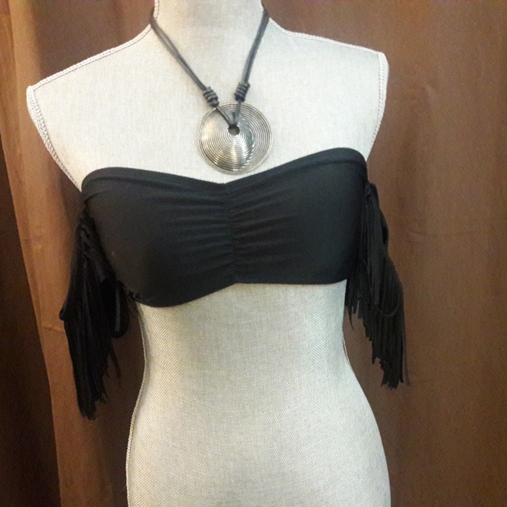 GB Bini Fringe Arm Cuffs Bandeau Bathing Suit Bra Top Black HOT $40 NEW S M Sexy - Picture 3 of 6